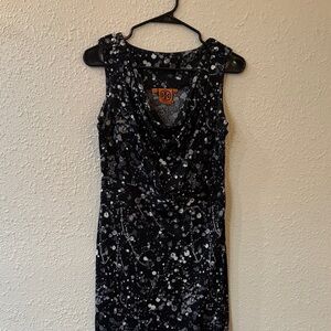 Tory Burch Black and Silver Sleeveless Cowl Midi Dress